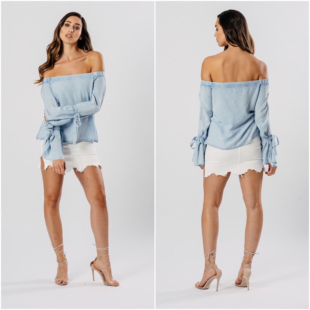 🆕LAST ONE Shae Light Wash Chambray Bardot Top - Picture 2 of 5